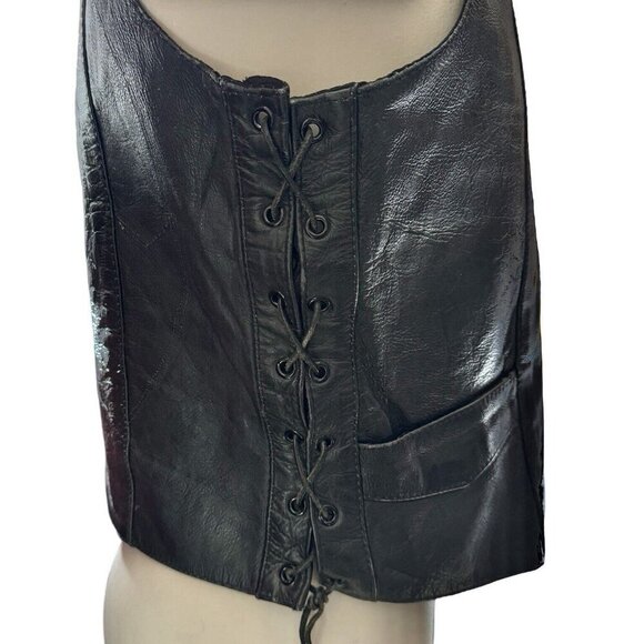 UNIK Men's Black Leather Motorcycle Vest Sz 42 Snaps Lace-Up Sides Pockets Biker - Picture 14 of 16